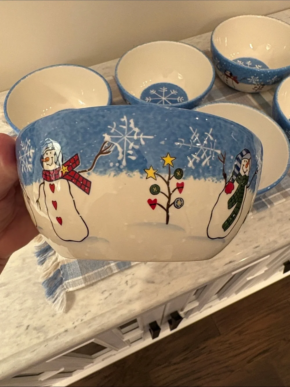 St. Nicholas Square 6 Button Up Blue Snowman Cereal / Soup Bowls Holiday